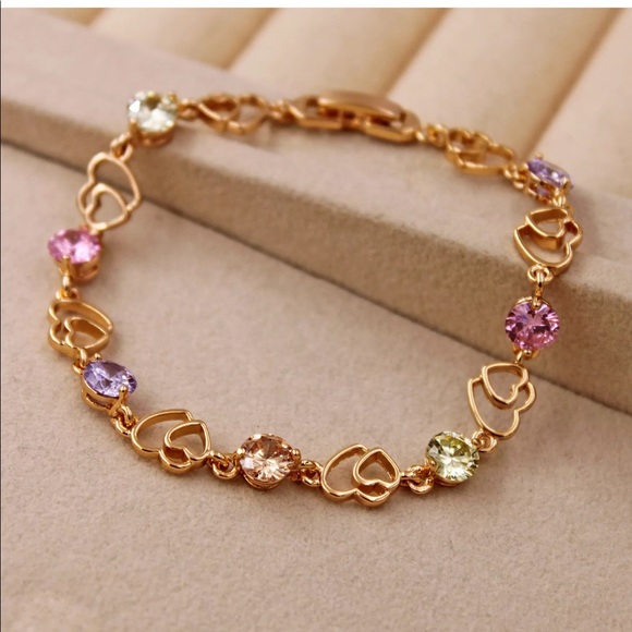 Double heart color tennis gold bracelet